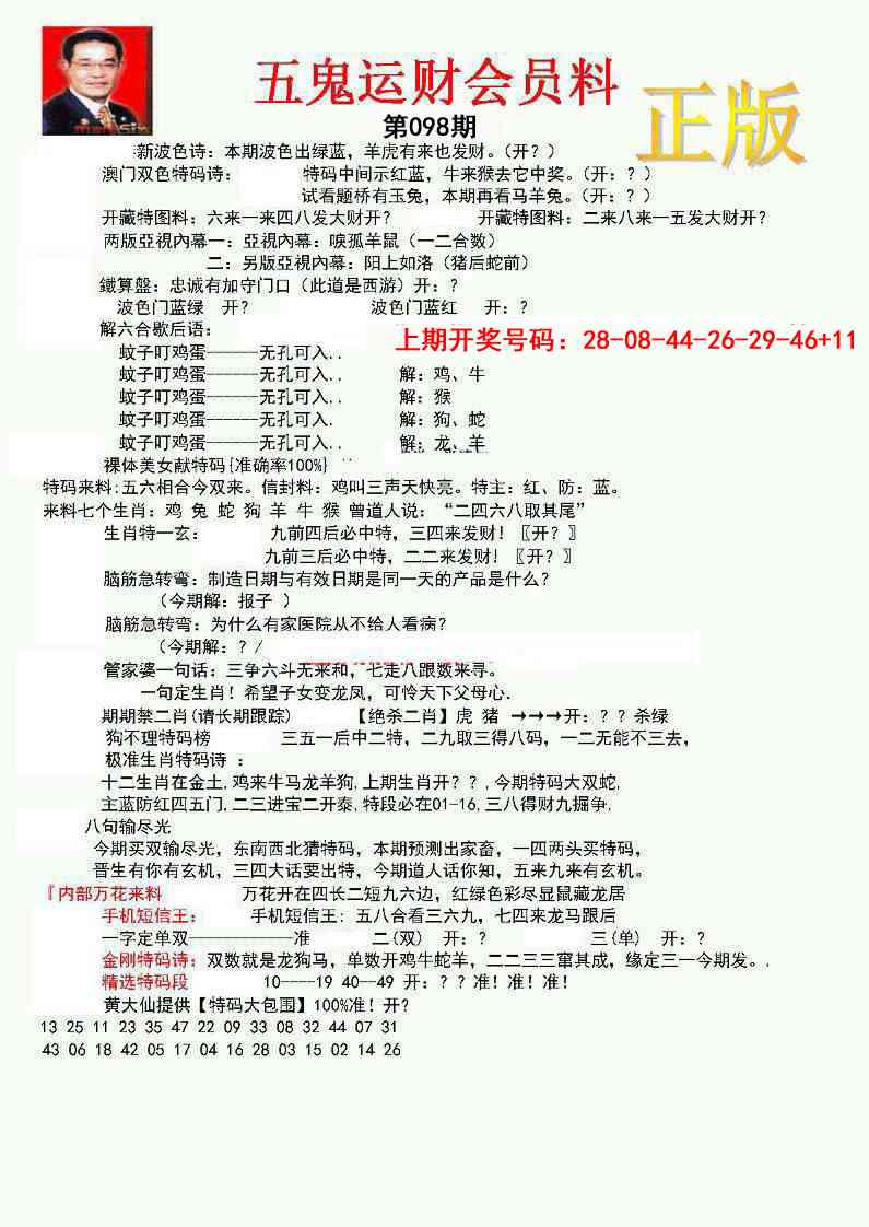 098期正版五鬼运财会员料[图]